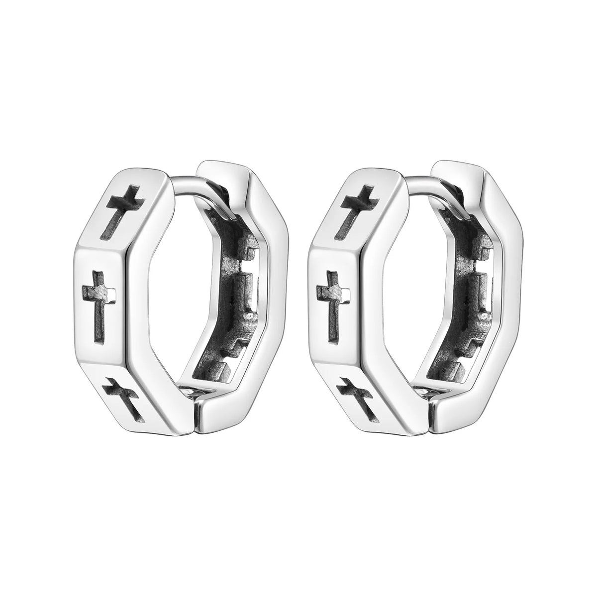 Anti Allergy Stainless Steel Hoop Earrings for Men Boys, Hollow Cross Huggies, Geometric Octagon Ear Jewelry  (GoldenCity)