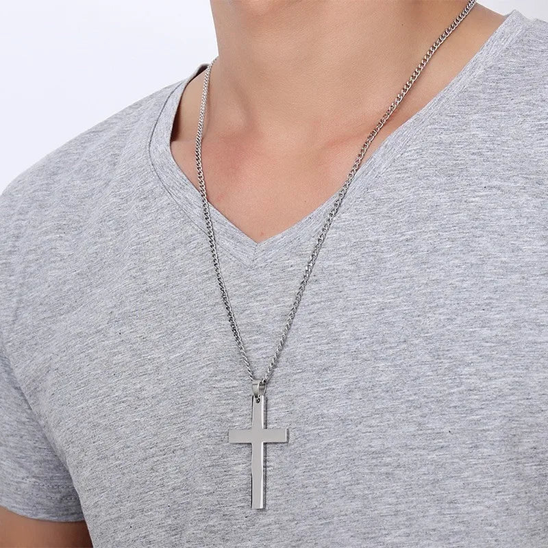 Philippians 4:13 Simple Cross Pendant for Men Necklace Stainless Steel Casual Religious Faith Jewelry Male Bijoux 24" Chain  (GoldenCity)