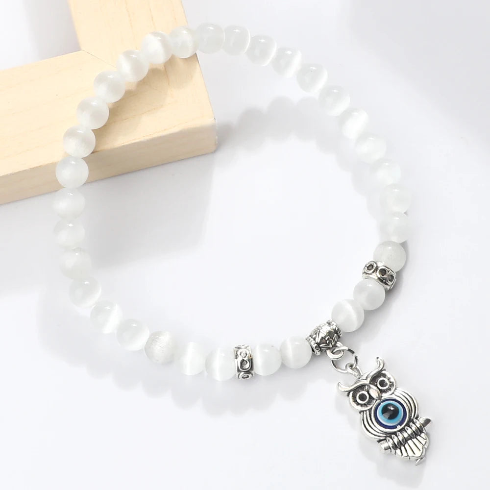 New Charm 6MM White Cat Eye Beaded Bracelet Turkish Evil Eye Butterfly Owl Turtle Pendant Bangles Chain Jewelry Gift for Friend  (GoldenCity)