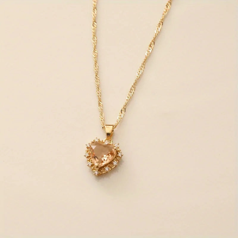 Heart Copper Necklace Fashion Jewelry White Sapphire Artificial Zircon Chain Necklaces for Women Jewelry Necklace Vintage Women  (GoldenCity)