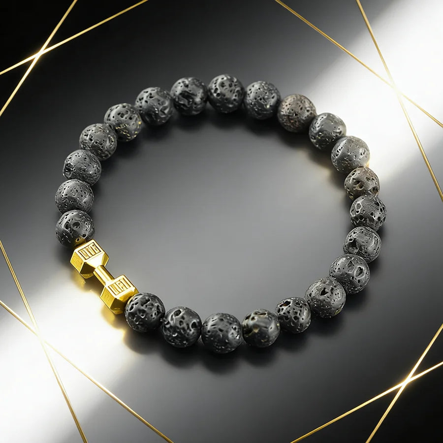 Natural Volcanic Stone Bracelet Men Matte Black Lava Obsidian Beads Charm Dumbbell Strand Bracelet Women Barbell Fitness Jewelry  (GoldenCity)