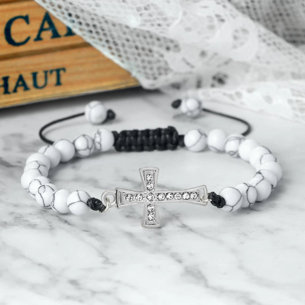 New Charm Jesus Cross Pendant Braided Bracelet 6mm Black Matte Malachite Couple Bracelet Women Men Healing Jewelry Gift  (GoldenCity)