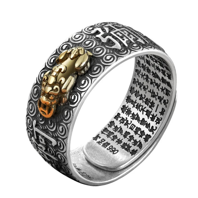 Namo Amitabha Lotus Ring For Men Jewelry Retro Dragon Buddha Buddhist Heart Sutra Ring Male Index Finger Accessories Open Size  (GoldenCity)