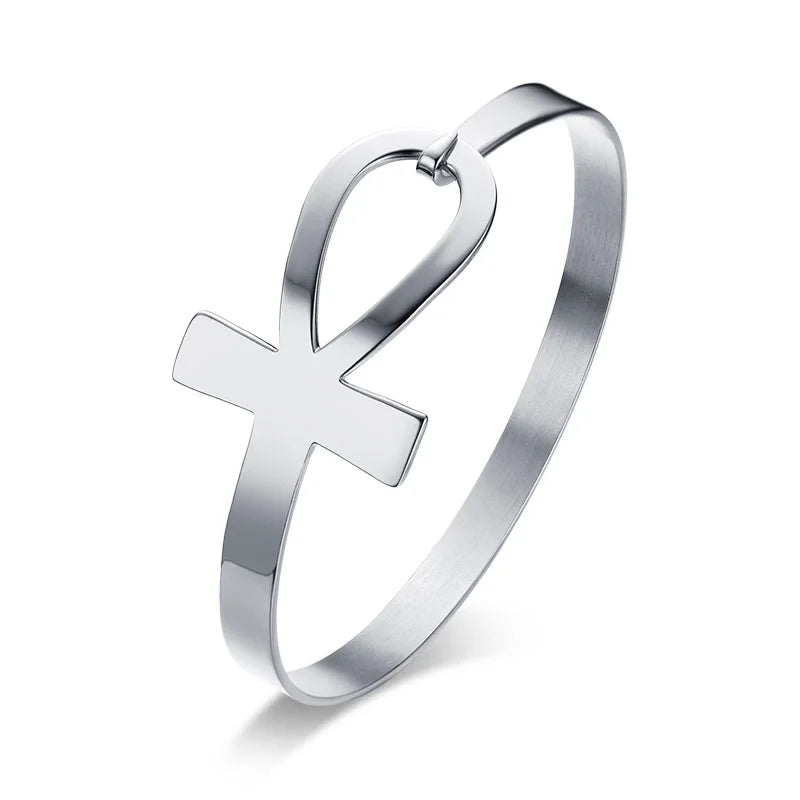 Ankh Cross Bracelet for Women Stainless Steel Key of Life Bangle Bracelet Female Egypt Religious Jewelry 2.3" Diameter  (GoldenCity)