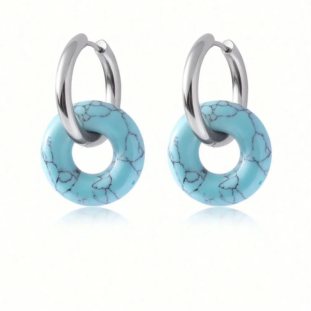 1pair Natural Stone Donut Shaped Stainless Steel Hoop Earrings Ladies Fashion Pink Crystal Agate Malachite Round Women Earrings  (GoldenCity)