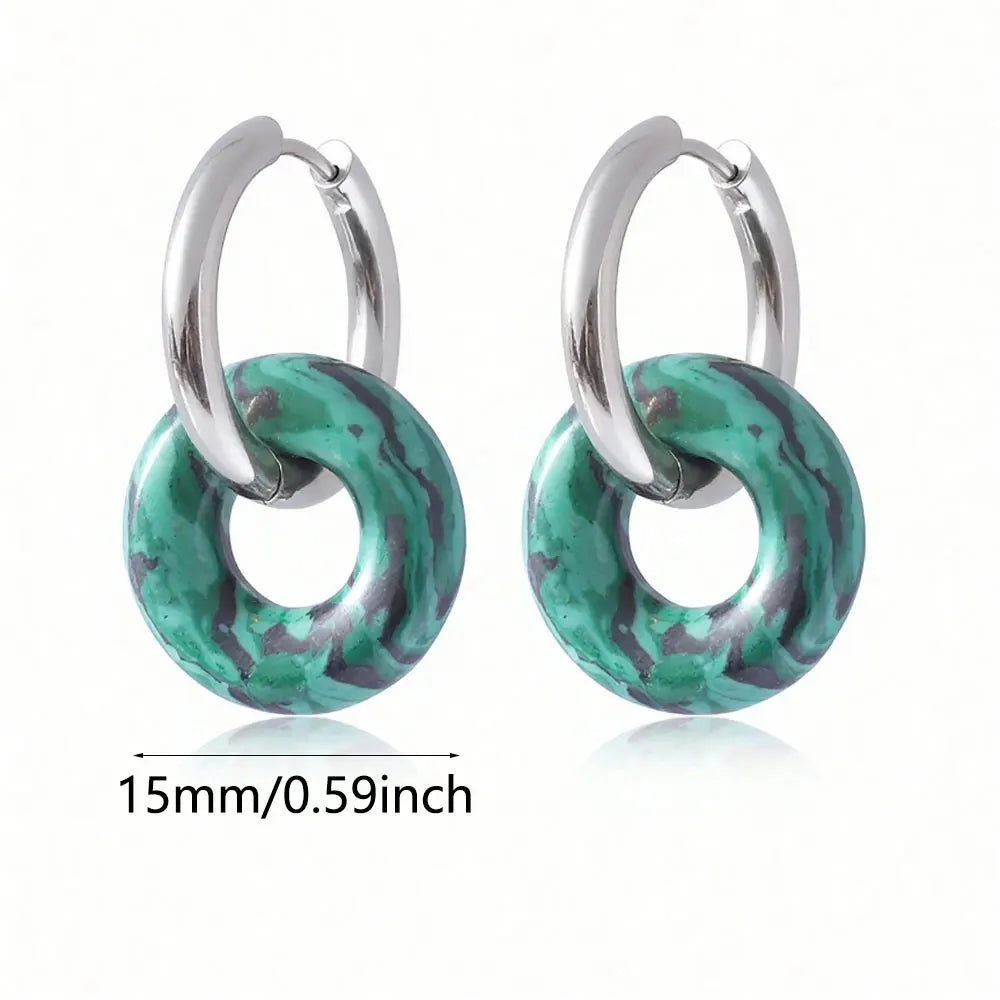 1pair Natural Stone Donut Shaped Stainless Steel Hoop Earrings Ladies Fashion Pink Crystal Agate Malachite Round Women Earrings  (GoldenCity)