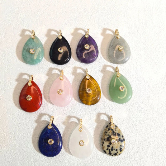 1pc Natural Stone Pendant Water Drop Shape Amethyst Tiger Eye Charms Fit DIY Accessries Jewelry Making  (GoldenCity)
