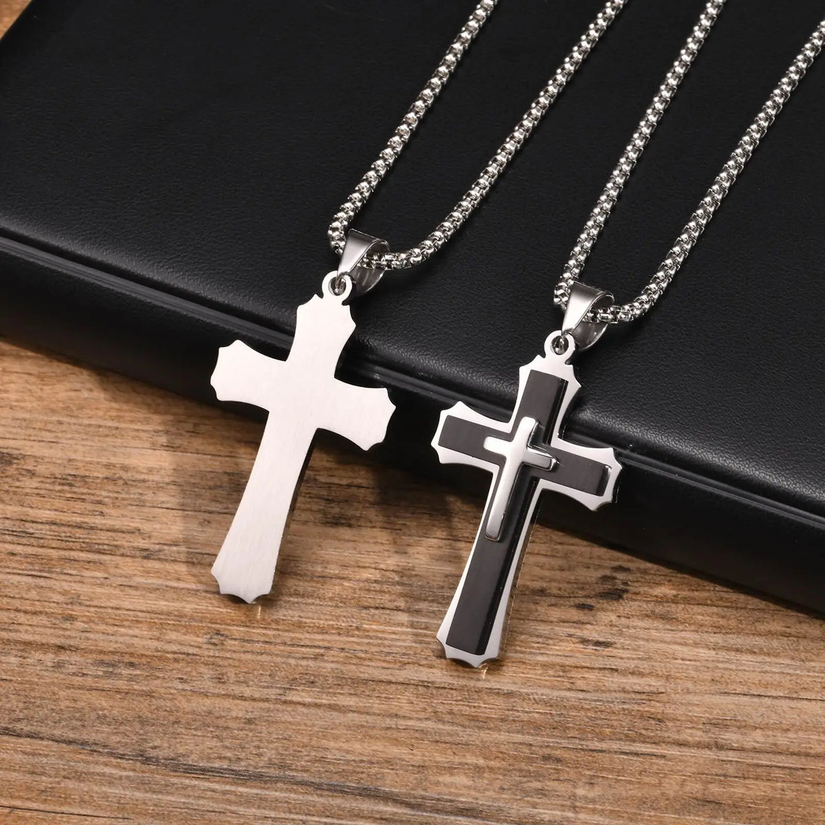 Chunky Three Layered Cross Necklaces for Men, Black Silver Color Stainless Steel Bold Faith Cross Pendant,Hip Hop Necklace  (GoldenCity)