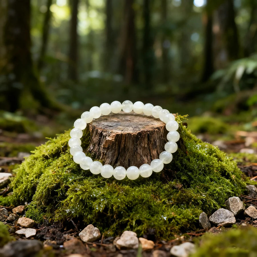 Handmade White Jade Bead Bracelet Premium Grade White Jade Stretch Bracelet Rare Pure Texture Calming Energy Jewelry Lover Gift  (GoldenCity)