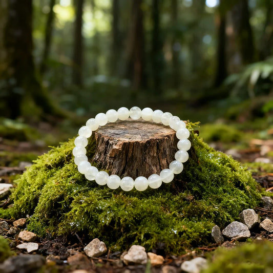 Handmade White Jade Bead Bracelet Premium Grade White Jade Stretch Bracelet Rare Pure Texture Calming Energy Jewelry Lover Gift  (GoldenCity)