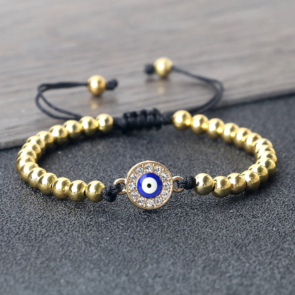 New Turkish Evil Eye Copper Beads Braided Bracelet Women Men Gold Color Healing Yoga Couple Bracelet&Bangles Chain Jewelry Gift  (GoldenCity)
