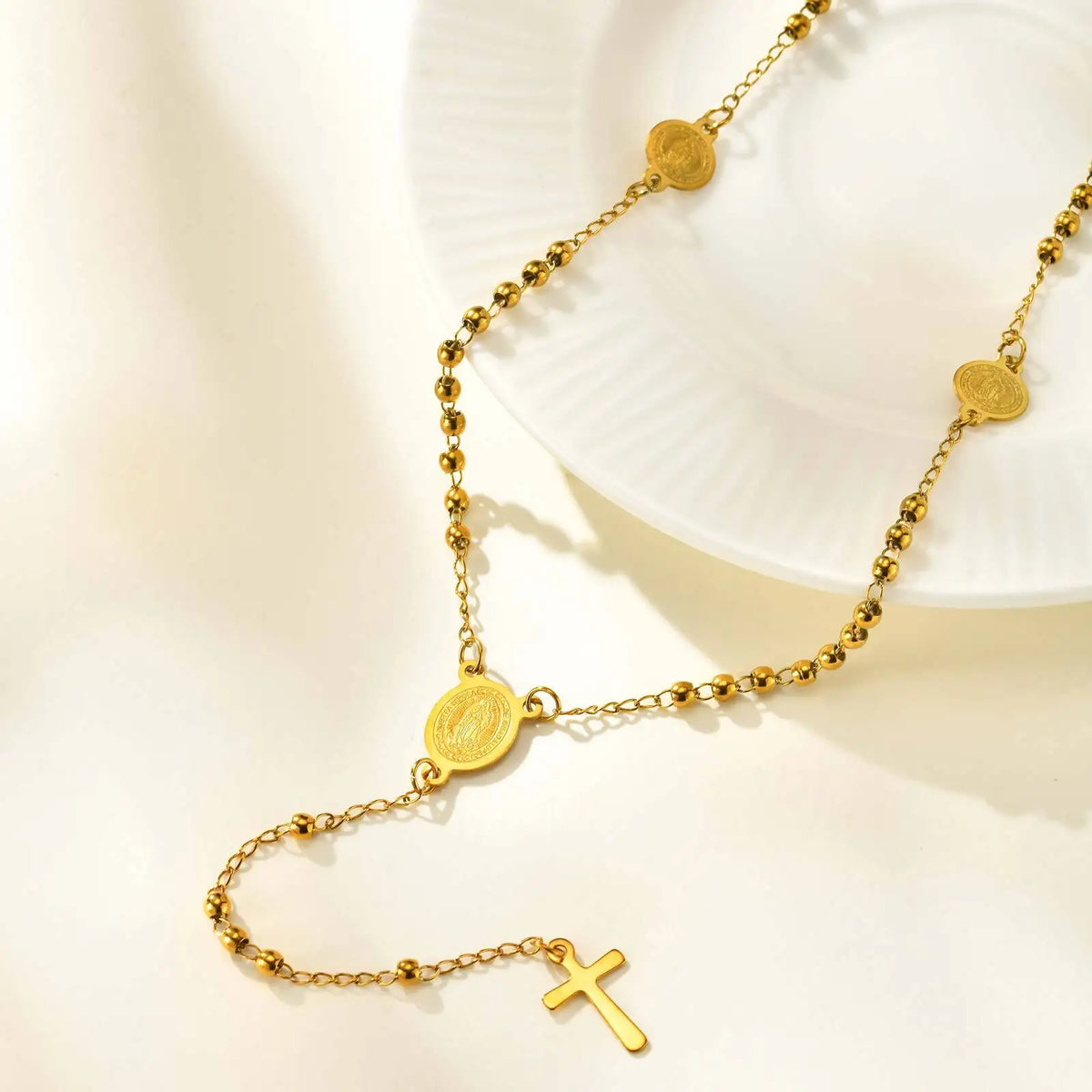 Stylish Stainless Steel Virgin Mary Necklaces, Multiple Beads Chain Cross Pendant, Long Sweater Chain Jewelry For Women  (GoldenCity)