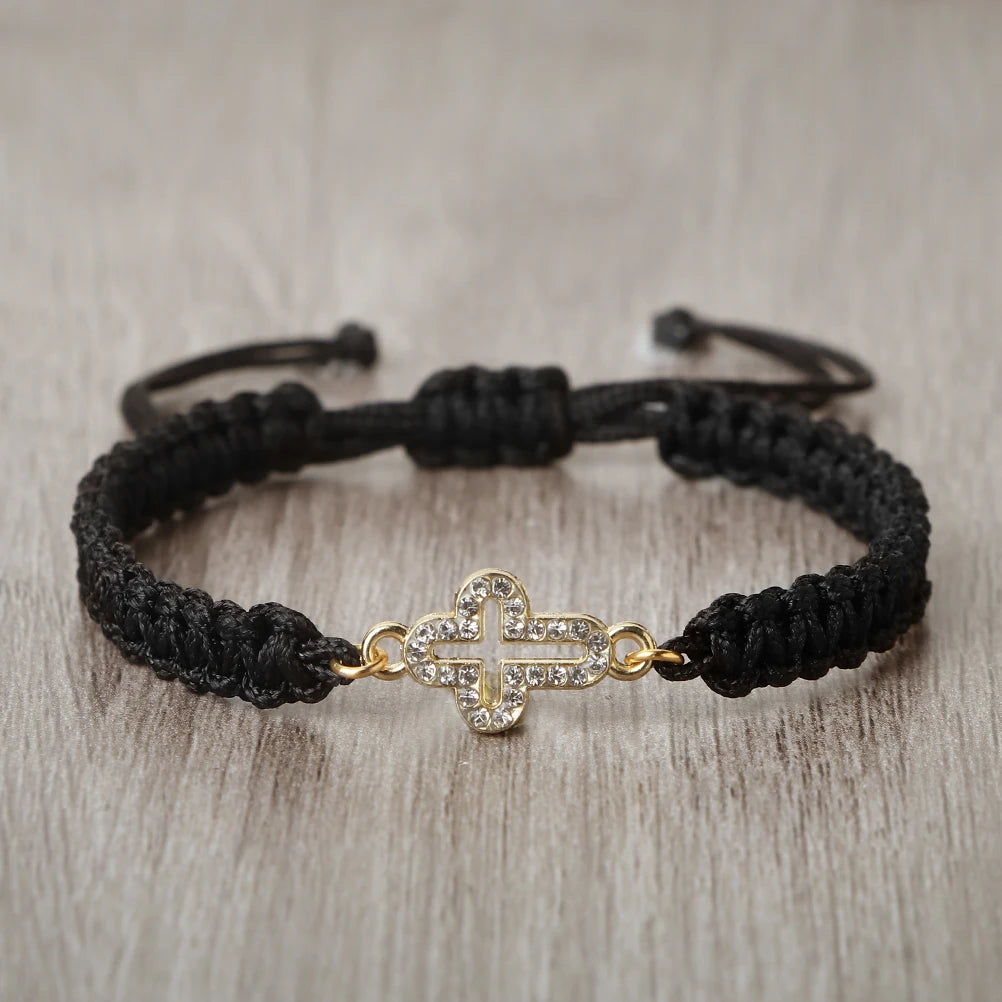 High Quality Crystal Hollow Cross Braided Bracelet Prayer Healing Bangle&Pulsera Chain Women Yoga Jewelry Gift  (GoldenCity)
