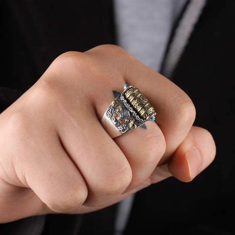 Retro Buddhist Scripture Ring Can Be Rotatable For Men Jewelry Personality Silver 925 Ring Adjustable Male Index Finger Bijou  (GoldenCity)
