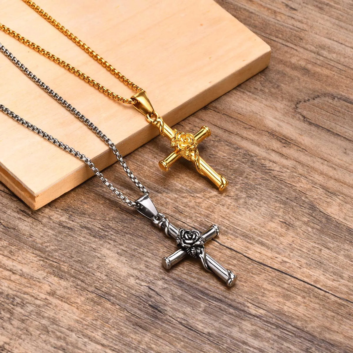 Men Cross Necklace, Stainless Steel Rose Cross Pendant with Box Chain, Unisex Cool Crucifix Jesus Faith Aesthetic Collar  (GoldenCity)