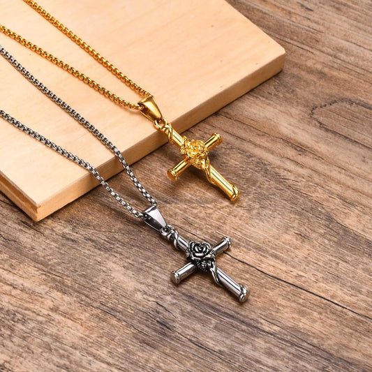 Men Cross Necklace, Stainless Steel Rose Cross Pendant with Box Chain, Unisex Cool Crucifix Jesus Faith Aesthetic Collar  (GoldenCity)