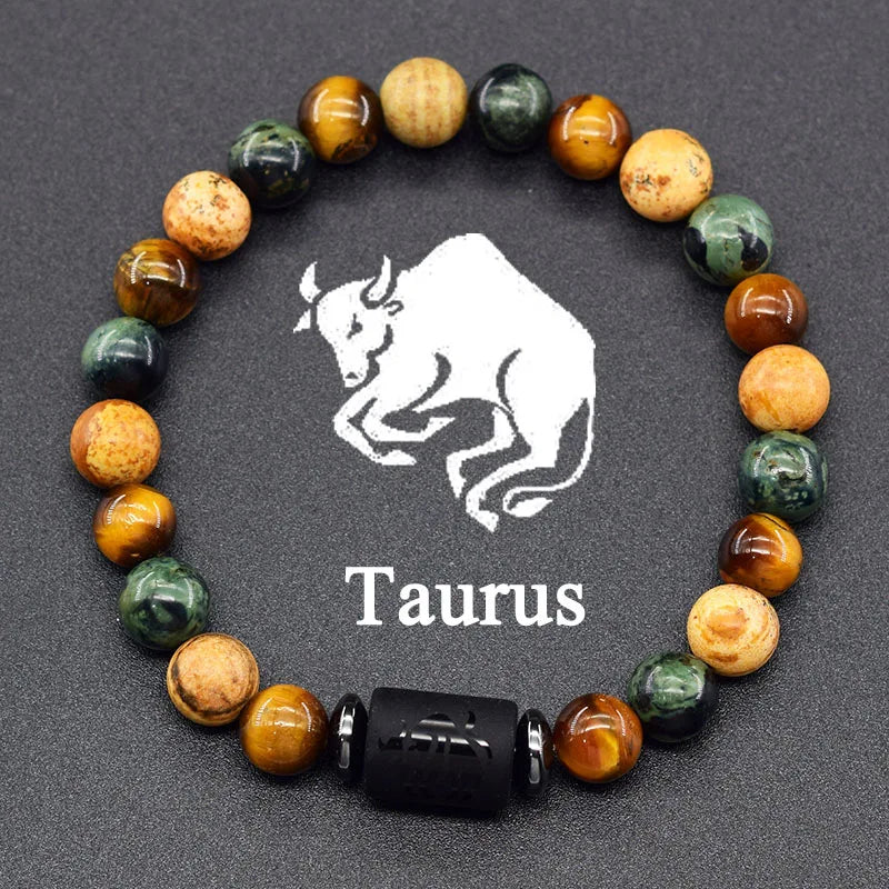 12 Zodiac Constellation Signs Bracelets for Men Women Real Natural Tiger Eye Sparrow Picture Stone Bead Bracelet Leo Taurus Gift  (GoldenCity)