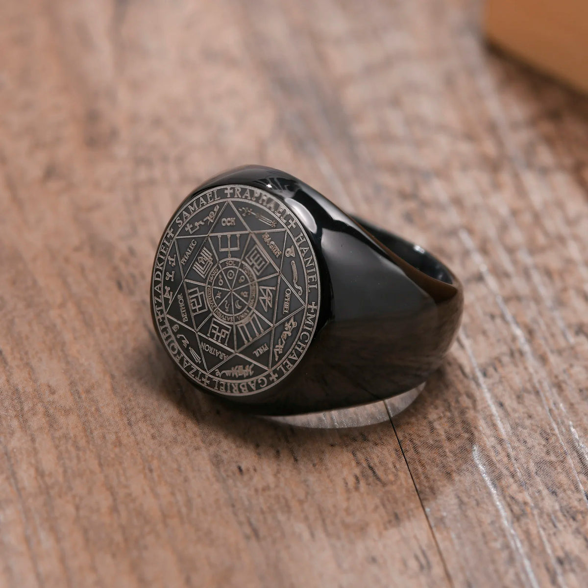 Seven Seals of Angels Rings for Men, Round Top Stamp Finger Band, Metatron Cube Stamp Ring, Chunky Punk Jewelry  (GoldenCity)