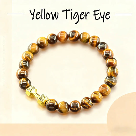 Natural Yellow Tiger Eye Stone Beads Bracelet Men Dumbbell Pendant Accessories Gym Fitness Men Jewelry Gift for Boyfriend Bangle  (GoldenCity)