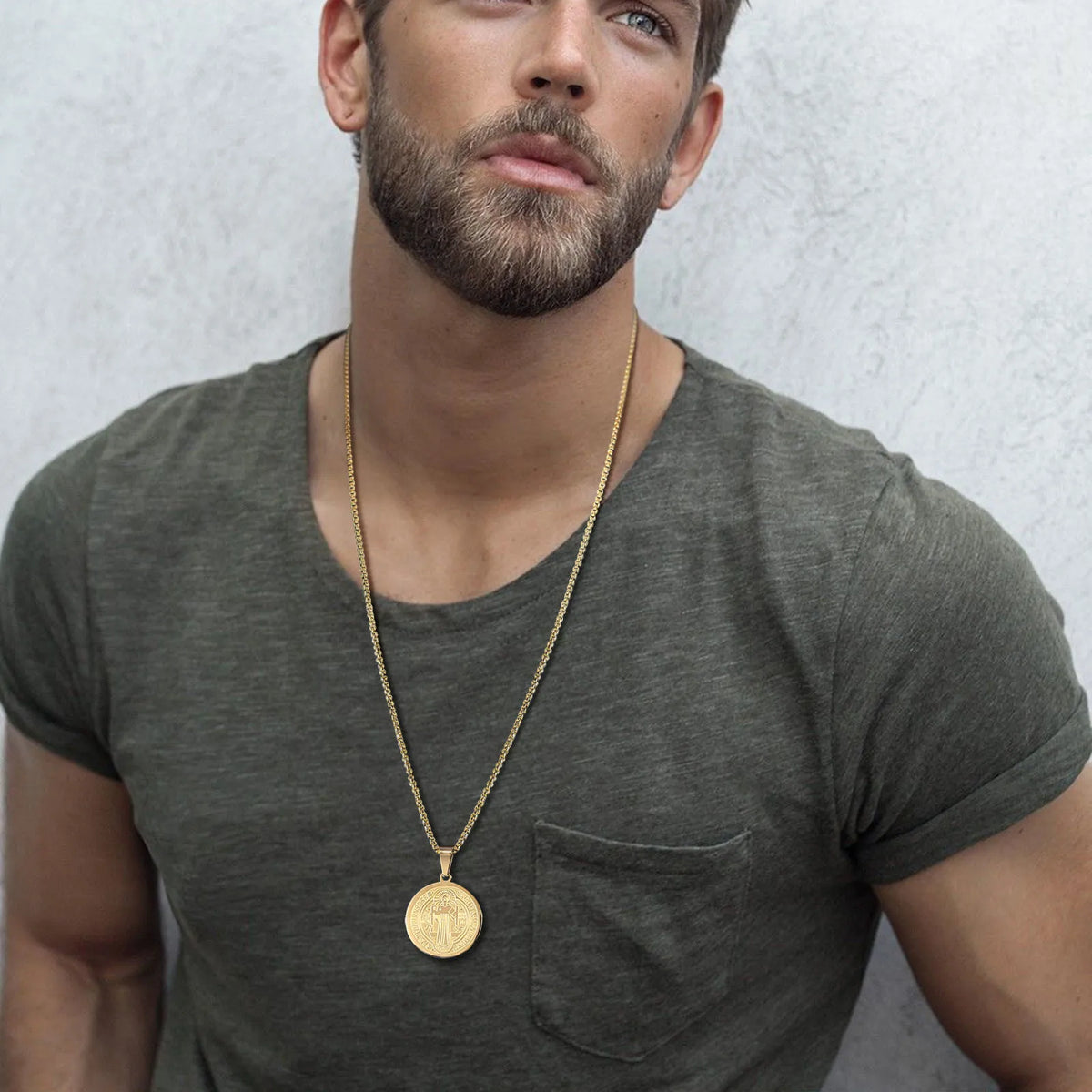 Men Saint Benedict Medal Necklace, Gold Color Stainless Steel Christian Sacramental Catholic Jewelry Gift,with Box Chain  (GoldenCity)