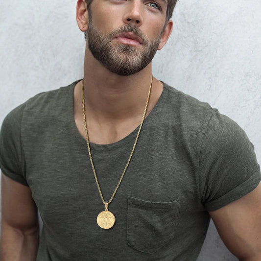 Men Saint Benedict Medal Necklace, Gold Color Stainless Steel Christian Sacramental Catholic Jewelry Gift,with Box Chain  (GoldenCity)