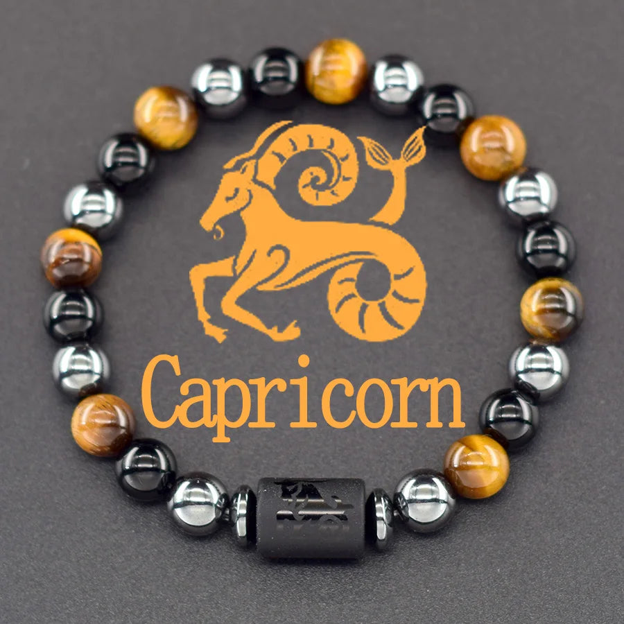 12 Zodiac Sign Bracelet Homme Constellation Bangle Natural Yellow Tiger Eye Stone Hematite Cancer Virgo Leo Libra Bracelet Women  (GoldenCity)