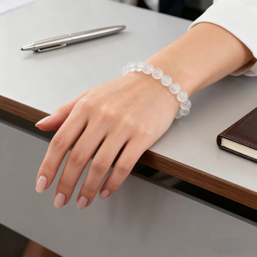 Handmade White Jade Bead Bracelet Premium Grade White Jade Stretch Bracelet Rare Pure Texture Calming Energy Jewelry Lover Gift  (GoldenCity)