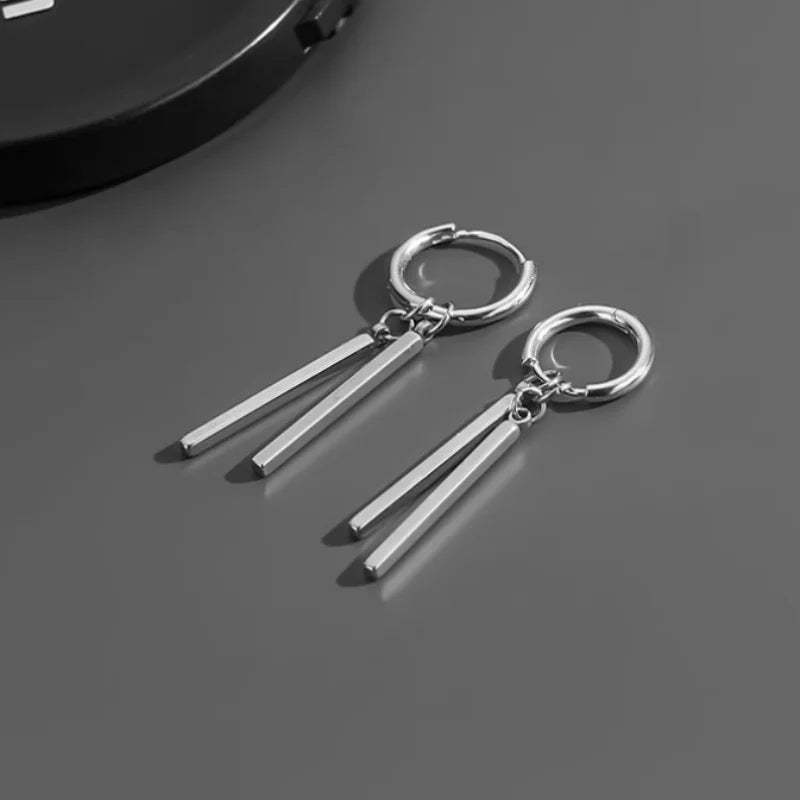 Trendy Men Earrings Minimalist Long Strip Double Stick 925 Sterling Silver Ear Buckle Male Cool Personality Dropping Earrings  (GoldenCity)