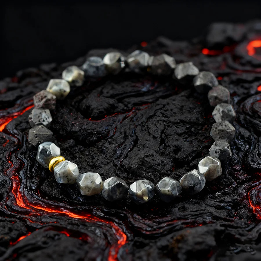 Retro Black Natural Labradorite Moonstone Bead Bracelet Homme Irregular Volcanic Onyx Stone Elastic Handmade Jewelry for Father  (GoldenCity)