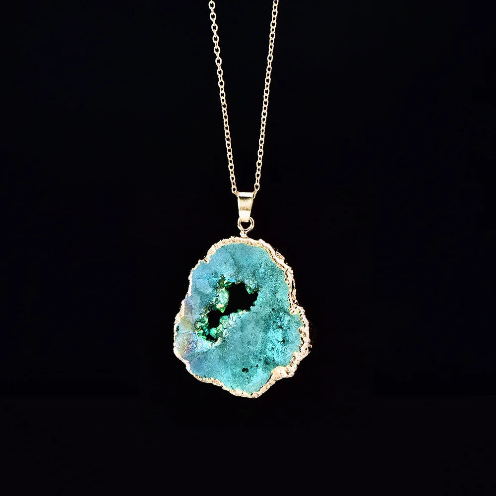 Natural Irregular Agate Charms Geode Quartz Slice Crystal Druzy Pendant Necklace DIY Jewelry Making Natural Agate Slice Necklace  (GoldenCity)