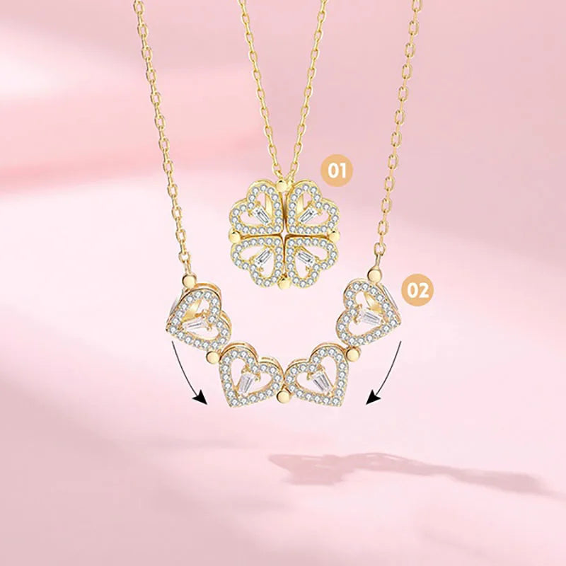 1pc Heart Shaped Four Leaf Clover Pendant Necklace Jewelry Zircon Women Love Clavicle Chain Gifts Openable ChokerJewelry  (GoldenCity)