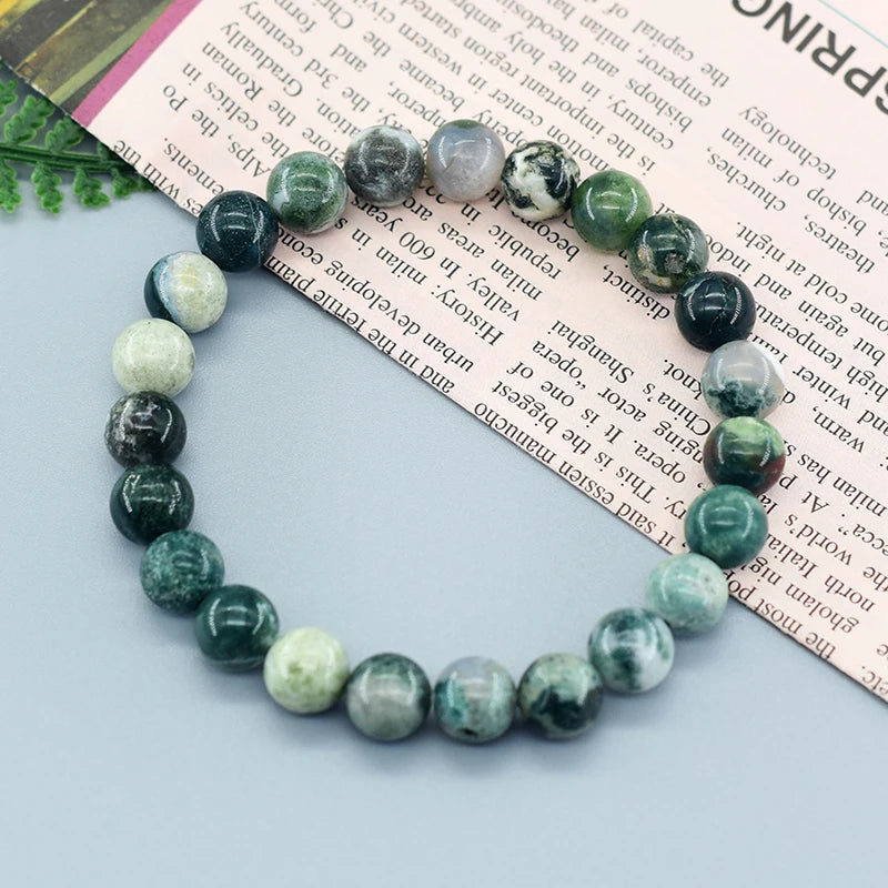Real Natural Tree Patterned Agate Stone Beaded Bracelet Men Women Natural Lapis Lazuli Moss Agate Jade Energy Healing Jewelry  (GoldenCity)