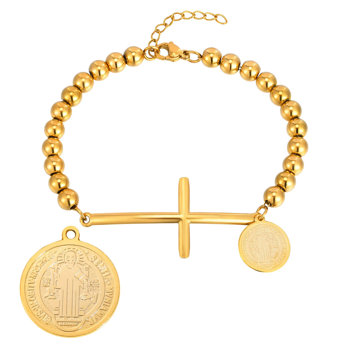 Virgin Mary St. Benedict Cross Bracelet For Women, Stainless Steel Gold Color Beaded Chain Bracelets, Christ Prayer Jewelry  (GoldenCity)