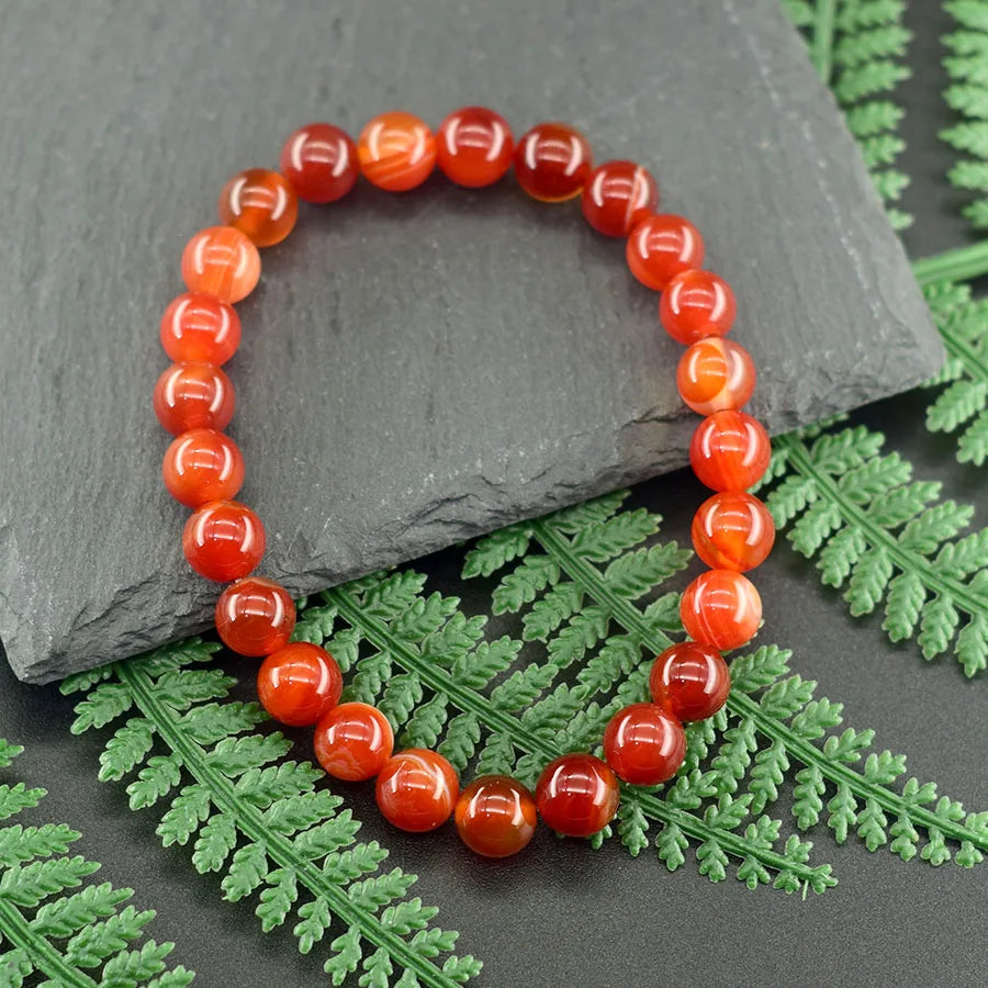 Natural Red Stripes Agate Bead Bracelet Women Men Genuine Red Carnelian Round Agate Jewelry Enhance Mobility Elastic Wristband  (GoldenCity)