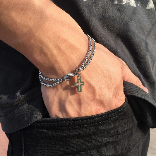 Simple Layered 3mm Rolo Chain Bracelets for Men,Round Box Link With Cross Charm Wristband,Christ Prayer Vintage Dad Gift  (GoldenCity)