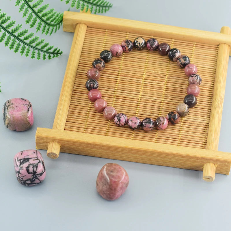 Natural Rhodonite Beaded Bracelets Men Women Energy Stone Beads Stretch Bracelets Yoga Healing Gem Beads Bangle Jewelry Gifts  (GoldenCity)