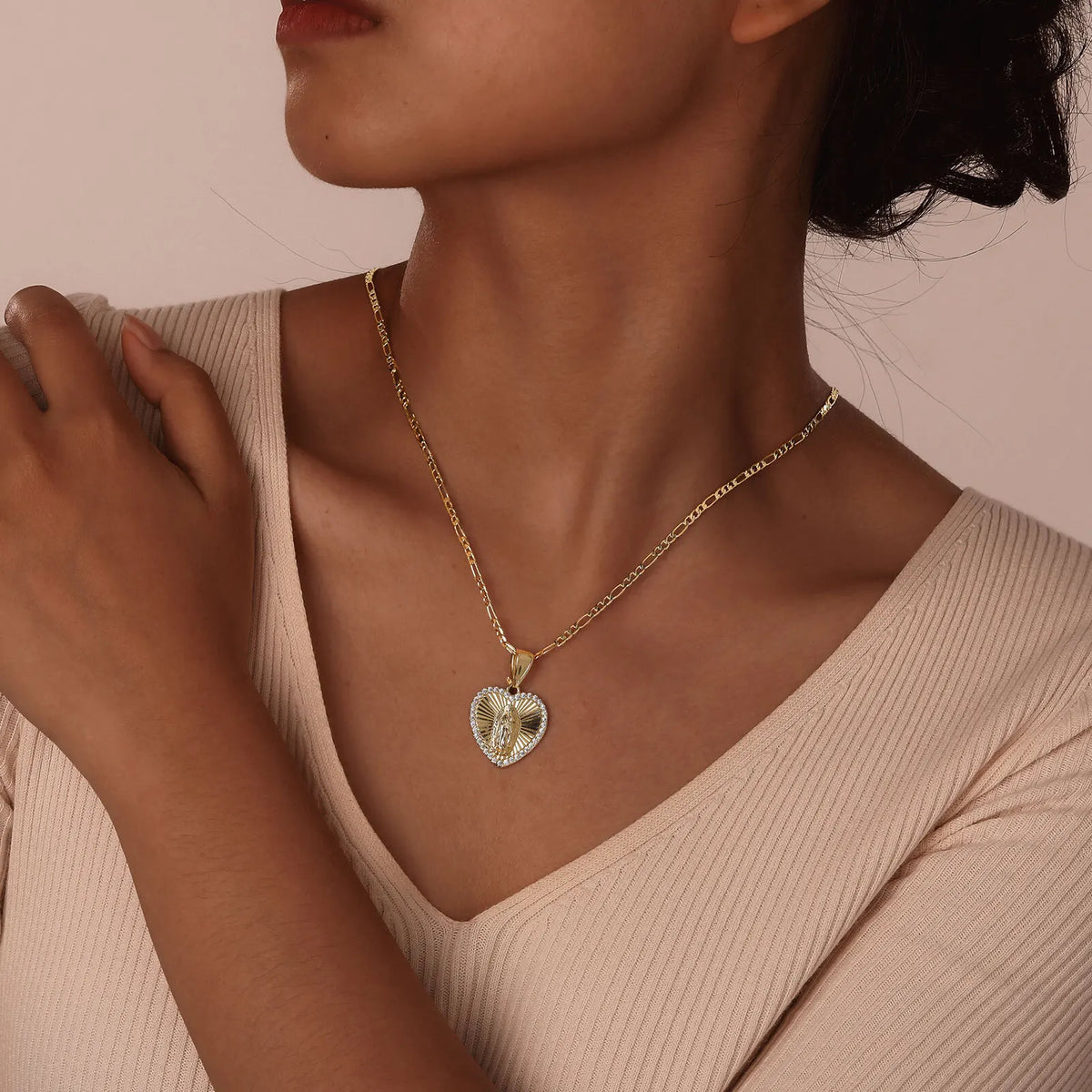 Heart Guadalupe Virgin Mary Necklace for Women,Cubic Zirconia Mother Mary Catholic Necklace Lady of Guadalupe Jewelry  (GoldenCity)