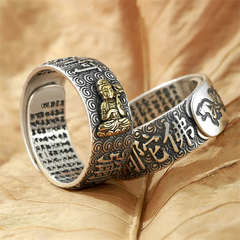 Namo Amitabha Lotus Ring For Men Jewelry Retro Dragon Buddha Buddhist Heart Sutra Ring Male Index Finger Accessories Open Size  (GoldenCity)