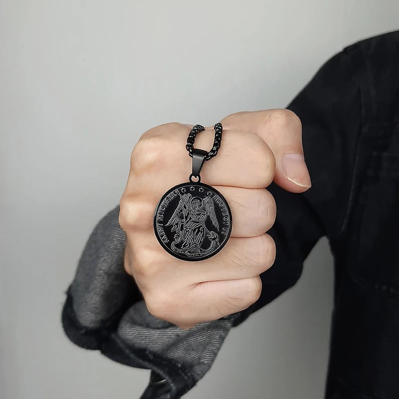 Retro Saint Michael Necklaces for Men Stainless Steel Commander one of the Chief Princes Pendants Male Jewelry  (GoldenCity)