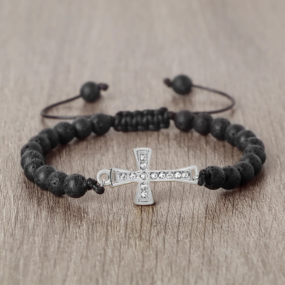 New Charm Jesus Cross Pendant Braided Bracelet 6mm Black Matte Malachite Couple Bracelet Women Men Healing Jewelry Gift  (GoldenCity)