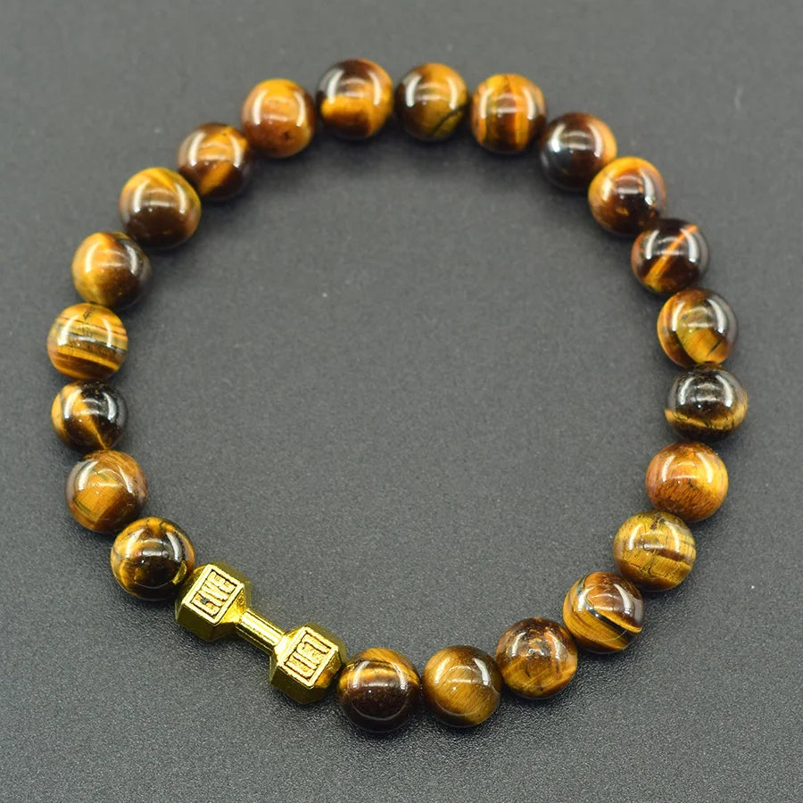Natural Yellow Tiger Eye Stone Beads Bracelet Men Dumbbell Pendant Accessories Gym Fitness Men Jewelry Gift for Boyfriend Bangle  (GoldenCity)