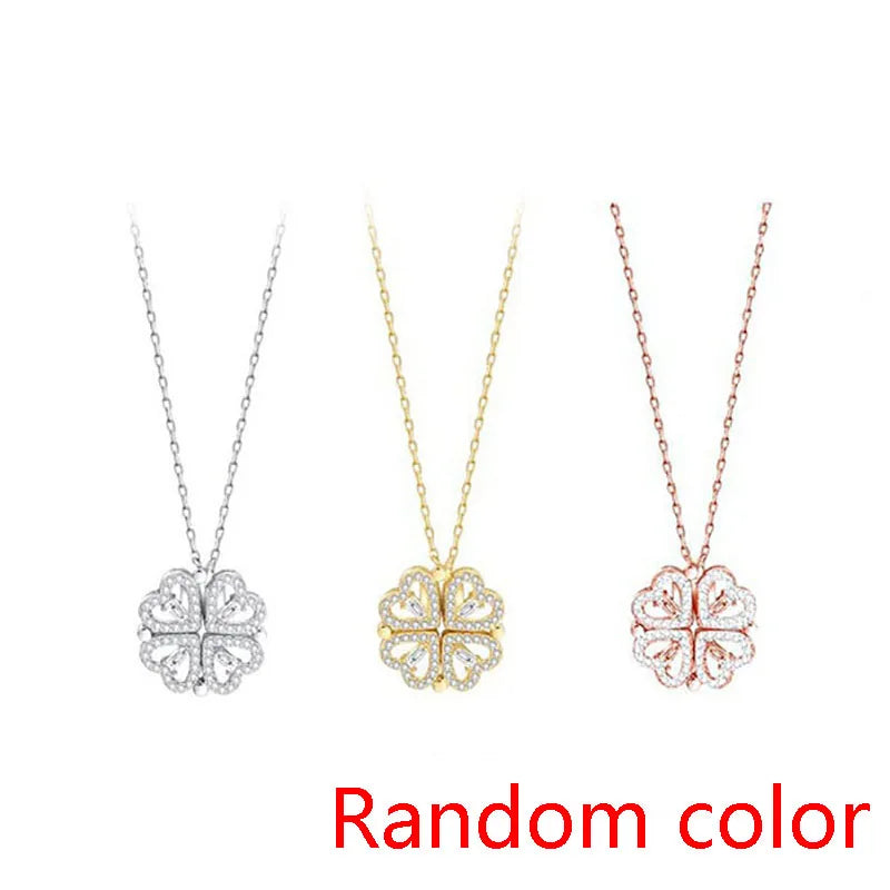 1pc Heart Shaped Four Leaf Clover Pendant Necklace Jewelry Zircon Women Love Clavicle Chain Gifts Openable ChokerJewelry  (GoldenCity)