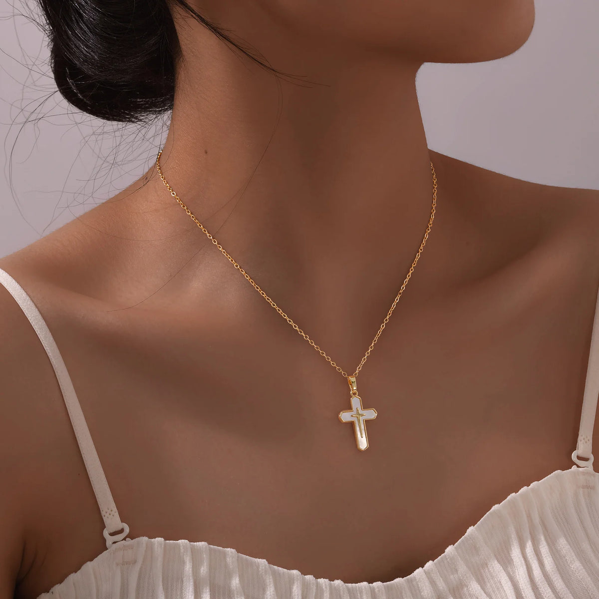 Double Cross Pendant Necklaces for Women, Bling Shell Cross Necklaces, Christ Religious Faith Jewelry  (GoldenCity)