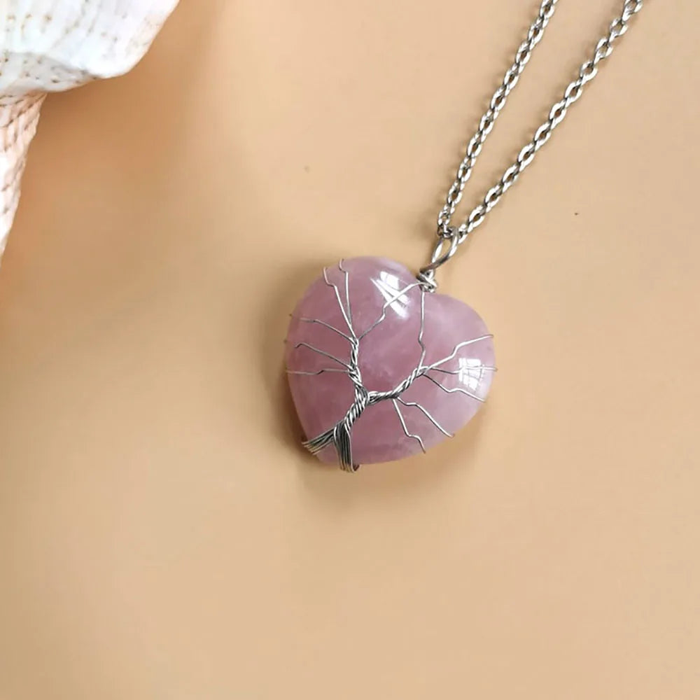 Natural Stone Tree of Life Wire Wrapped Love Heart Necklace Pendant Natural Stone Tiger Eye Pink Quartz Black Agate For Women  (GoldenCity)