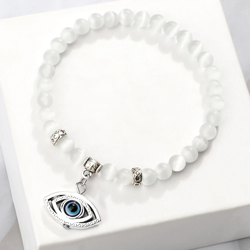 New Charm 6MM White Cat Eye Beaded Bracelet Turkish Evil Eye Butterfly Owl Turtle Pendant Bangles Chain Jewelry Gift for Friend  (GoldenCity)