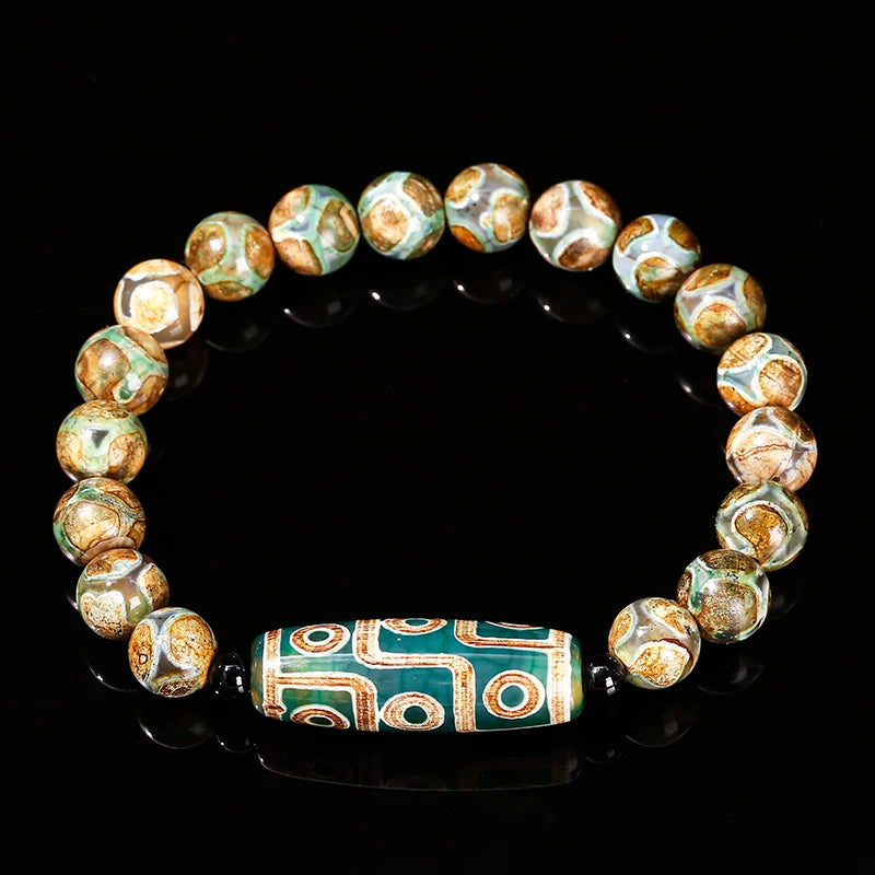 Natural Green Nine Eyes Tibetan Dzi Agate Barrel Beads Bracelet Women Men Retro Healing Buddha Prayer Charm Yoga Jewelry Gift  (GoldenCity)