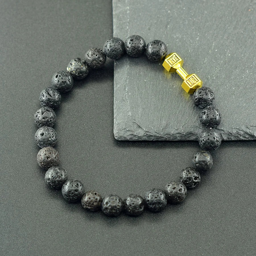 Natural Volcanic Stone Bracelet Men Matte Black Lava Obsidian Beads Charm Dumbbell Strand Bracelet Women Barbell Fitness Jewelry  (GoldenCity)