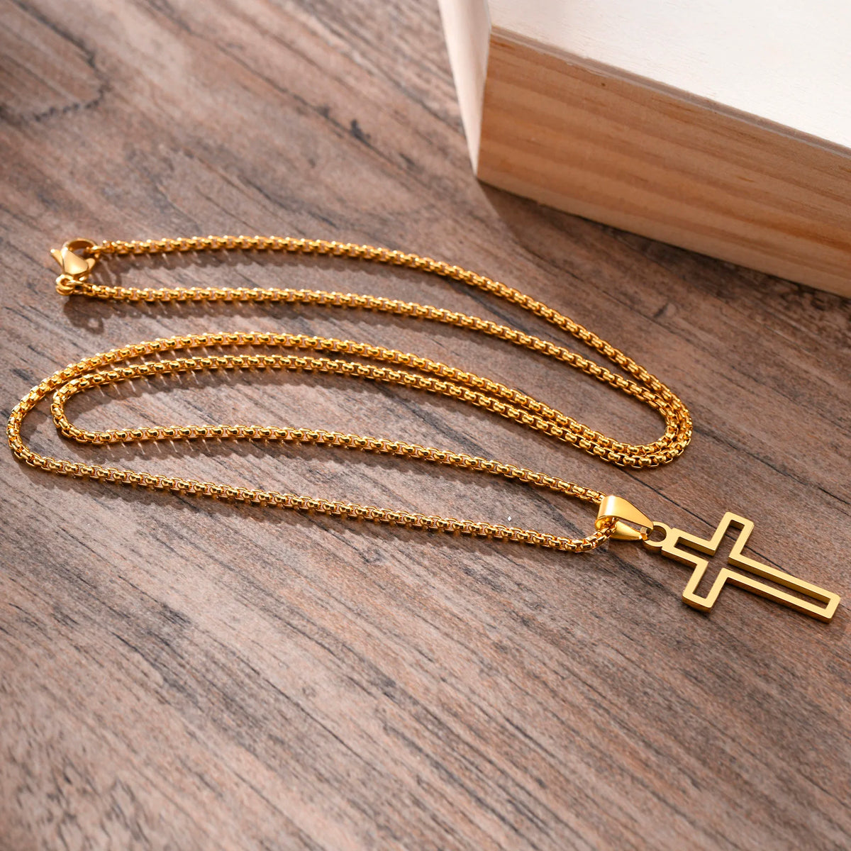 Cutout Cross Necklace for Men Women, Stainless Steel Hollow Cross Pendant with 24" Box Chain, Religious Faith Christ Collar  (GoldenCity)