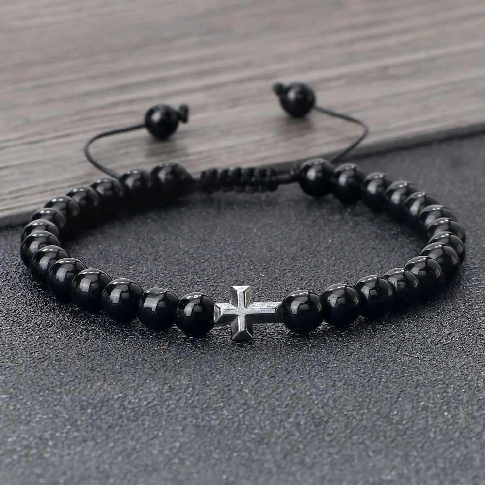 Charm 6mm Natural Stone Beads Braided Bracelet Prayer Men Women Christian Jesus Bless Cross Bracelets Bangles Friendship Jewelry  (GoldenCity)