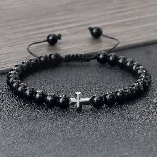 Charm 6mm Natural Stone Beads Braided Bracelet Prayer Men Women Christian Jesus Bless Cross Bracelets Bangles Friendship Jewelry  (GoldenCity)